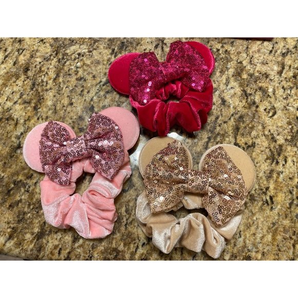 3 Pc Mouse Ears Scrunched Sequin Velvet Hair Tie Cute Hair Elastic - Picture 1 of 5